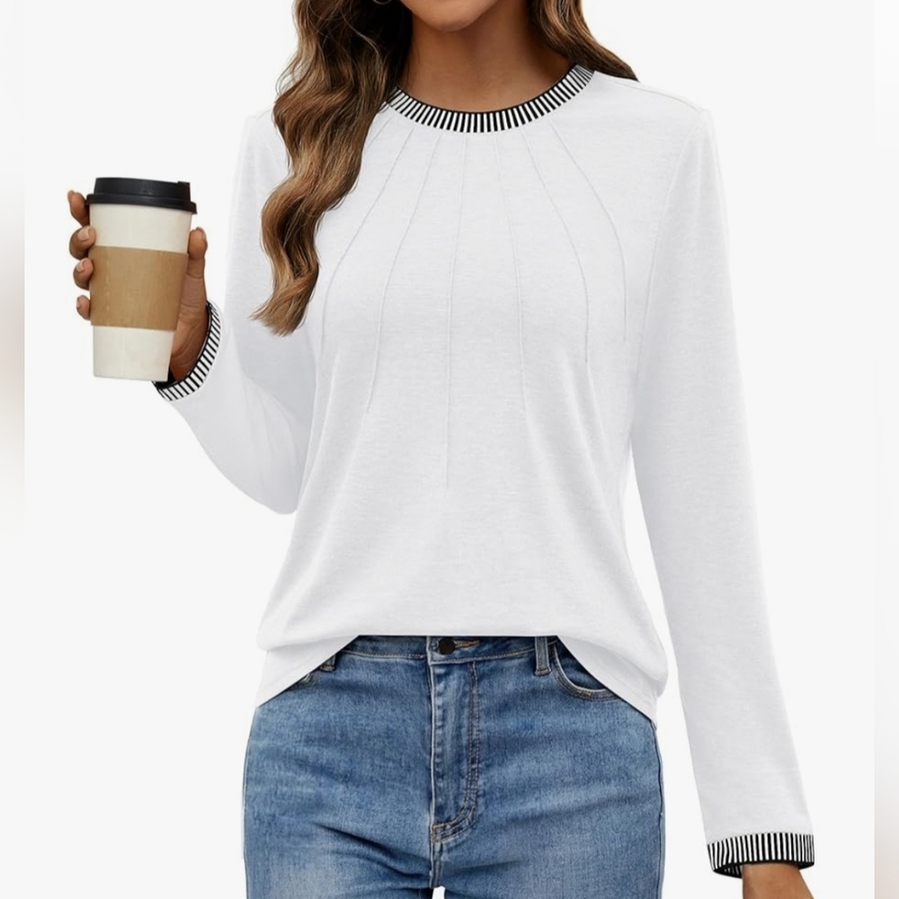 Women's Pleated Chest Long Sleeve Crew Neck Blouse Business Casual White Black
